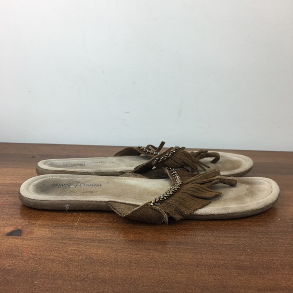 Minnetonka Thong Flip Flop Sandal Women’s Size 10M Brown Beaded Fringe Suede. - Picture 3 of 11